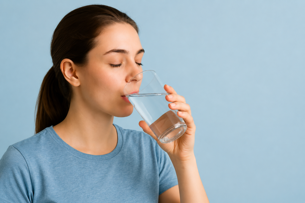 Mujer bebiendo agua para mantener una adecuada hidratación y apoyar el equilibrio del organismo como parte de un estilo de vida saludable.