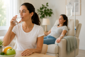 Persona bebiendo un vaso de agua mientras, al fondo, una paciente descansa durante una sesión de sueroterapia intravenosa en un ambiente cómodo y tranquilo.