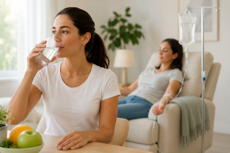 Persona bebiendo un vaso de agua mientras, al fondo, una paciente descansa durante una sesión de sueroterapia intravenosa en un ambiente cómodo y tranquilo.