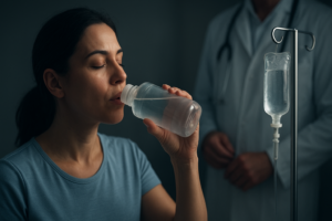 Paciente hidratándose mientras recibe sueroterapia intravenosa bajo supervisión médica, como apoyo para la recuperación, hidratación y bienestar general.