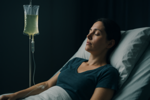 Paciente recibiendo sueroterapia intravenosa mientras descansa en cama, como apoyo para la hidratación, recuperación física y fortalecimiento del organismo durante un proceso de bienestar y salud.