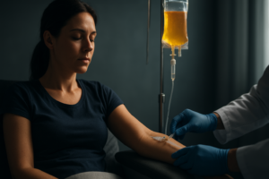 Paciente recibiendo sueroterapia intravenosa con vitaminas y nutrientes bajo supervisión médica para apoyar la hidratación, la recuperación física y el bienestar metabólico.