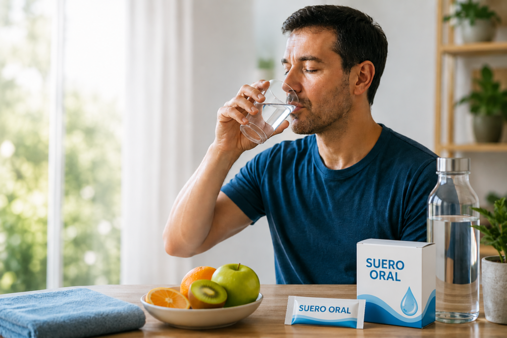 Hombre tomando suero oral para reponer líquidos y electrolitos durante un proceso de recuperación por deshidratación, fatiga o enfermedad gastrointestinal.