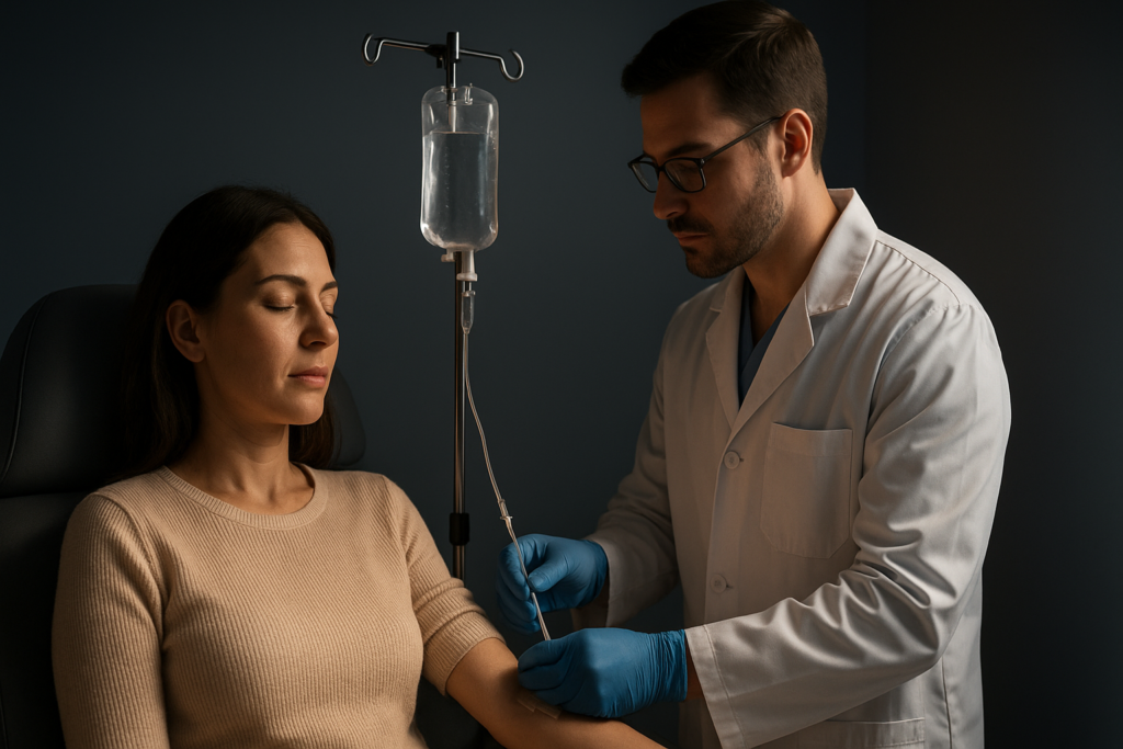 Paciente recibiendo sueroterapia intravenosa bajo supervisión médica para favorecer la hidratación, la recuperación física y el bienestar metabólico de forma segura