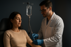 Paciente recibiendo sueroterapia intravenosa bajo supervisión médica para favorecer la hidratación, la recuperación física y el bienestar metabólico de forma segura