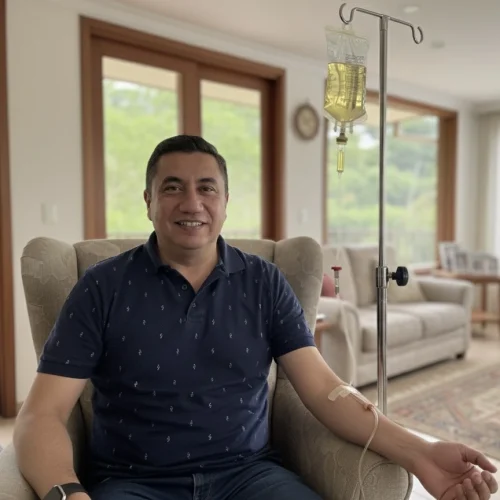 Hombre recibiendo sueroterapia multivitamínica a domicilio aplicada por la Doctora Metabolismo para mejorar energía y bienestar general