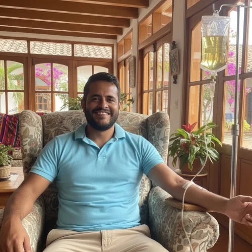 Paciente recibiendo sueroterapia intravenosa en casa, relajado en un sillón con ambiente natural y luminoso. Tratamiento médico supervisado para bienestar y energía.